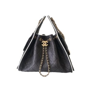 Chanel 25 Medium Hobo Shoulder Bag Black Braided Raffia and Calfskin GHW - view 1