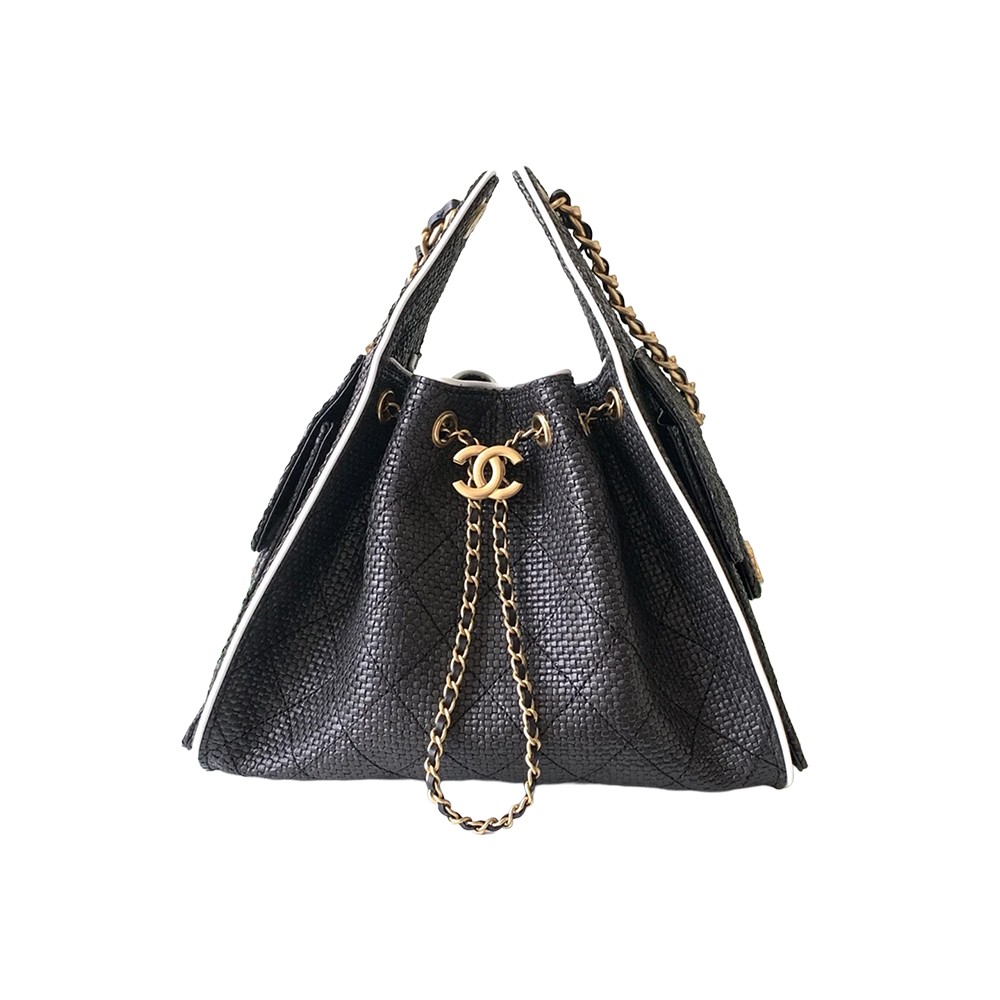 Chanel 25 Medium Hobo Shoulder Bag Black Braided Raffia and Calfskin GHW - view 1