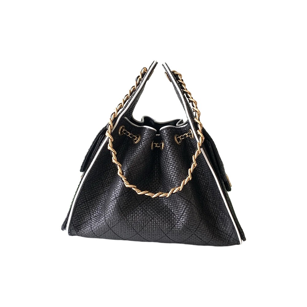 Chanel 25 Medium Hobo Shoulder Bag Black Braided Raffia and Calfskin GHW - view 3