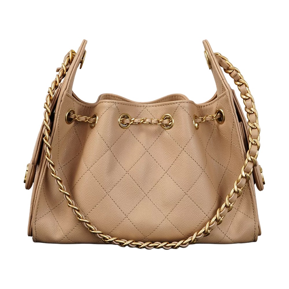 Chanel 25 Mini Bucket Hobo Shoulder Bag Beige Grained Calfskin Leather - view 2