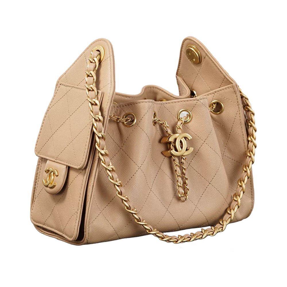 Chanel 25 Mini Bucket Hobo Shoulder Bag Beige Grained Calfskin Leather - view 3