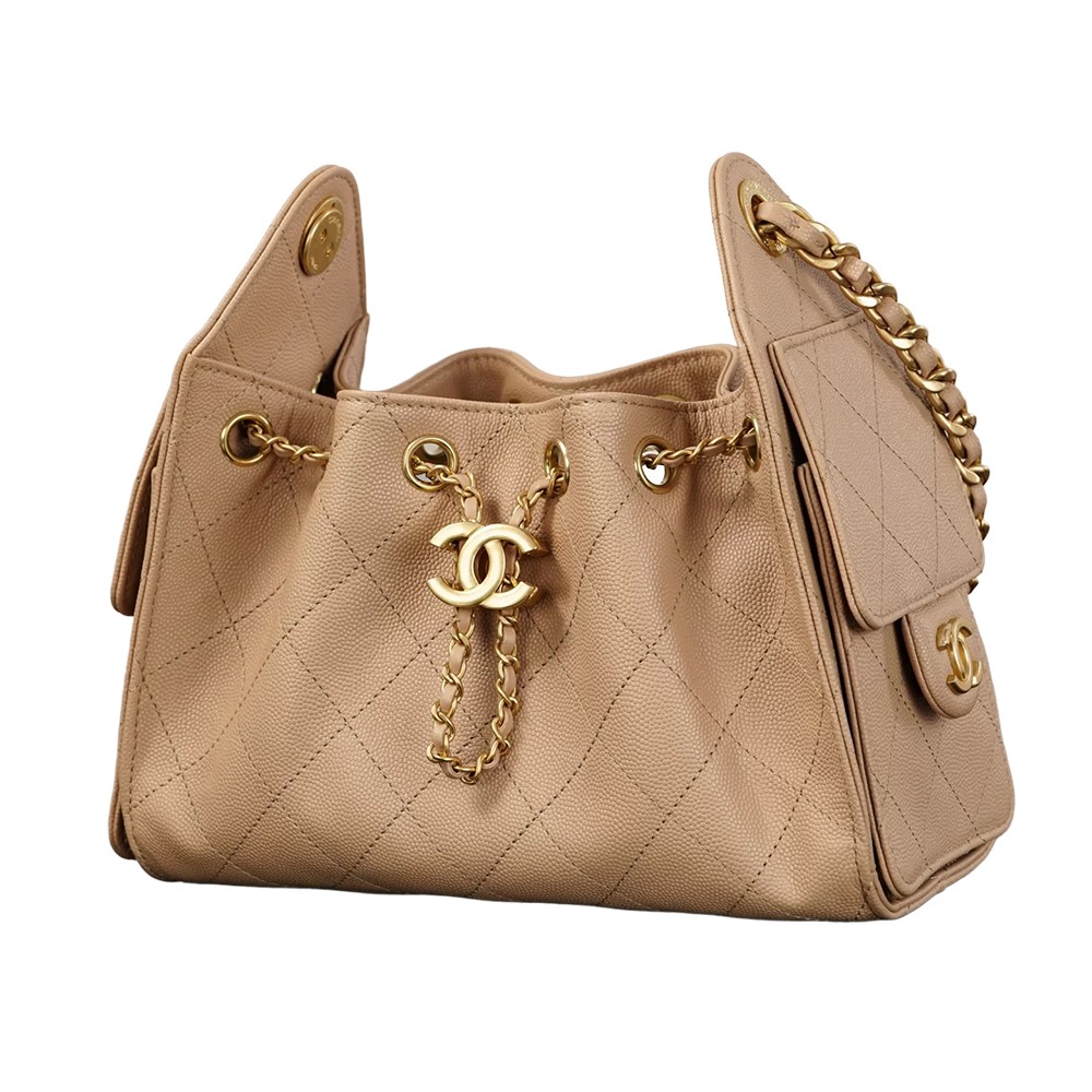 Chanel 25 Mini Bucket Hobo Shoulder Bag Beige Grained Calfskin Leather - view 4