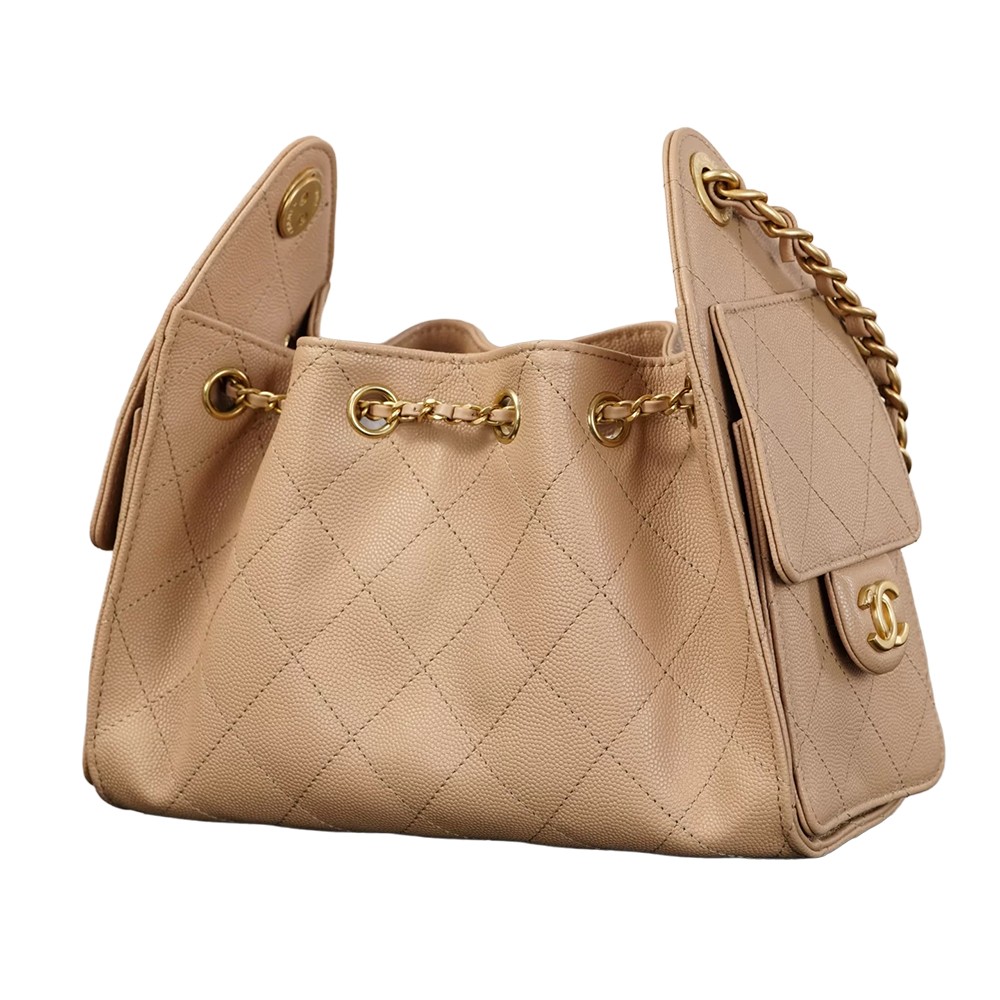 Chanel 25 Mini Bucket Hobo Shoulder Bag Beige Grained Calfskin Leather - view 5