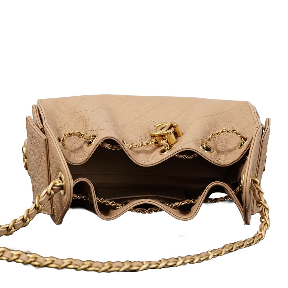 Chanel 25 Mini Bucket Hobo Shoulder Bag Beige Grained Calfskin Leather - view 6