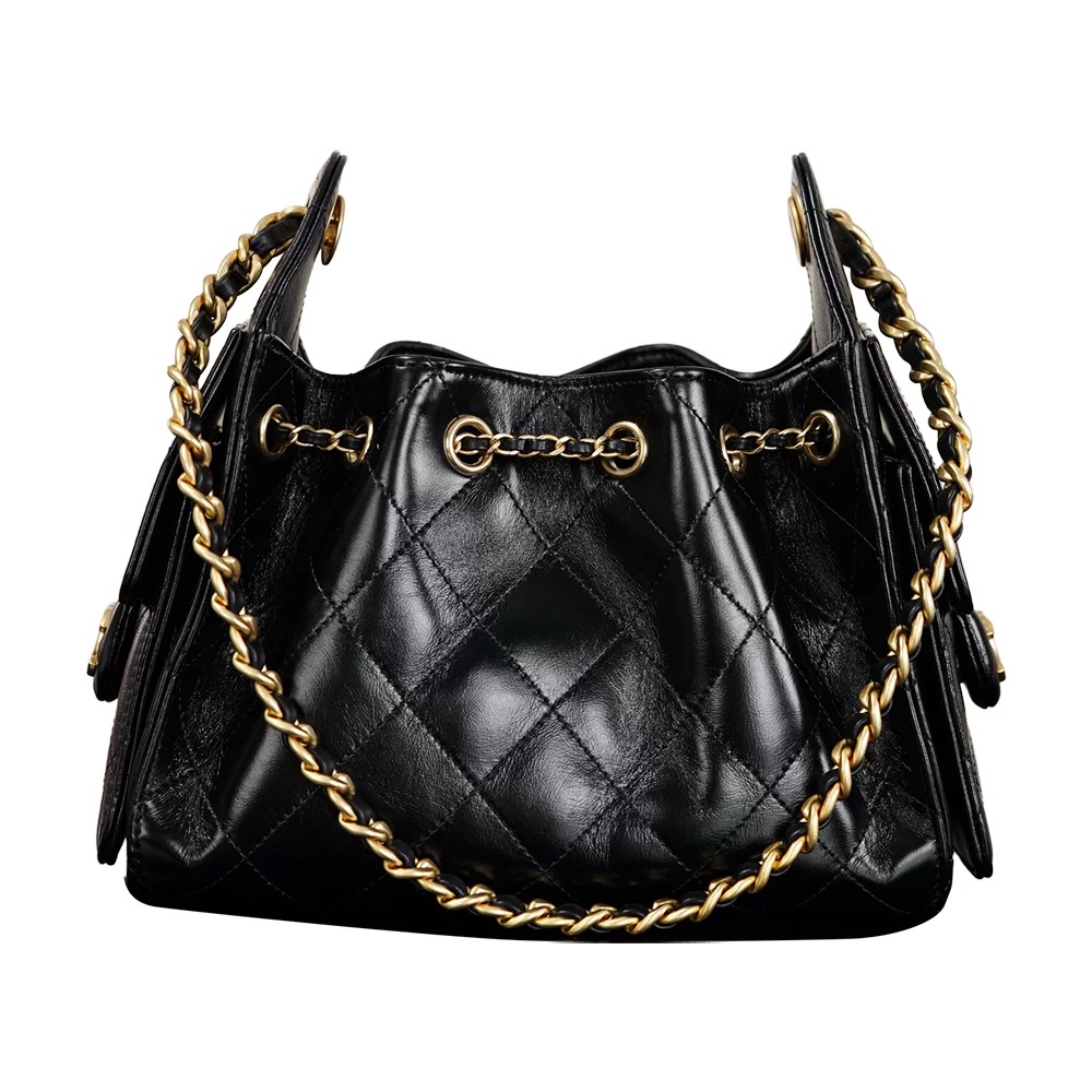 Chanel 25 Mini Bucket Hobo Shoulder Bag Black Shiny Calfskin Leather - view 2