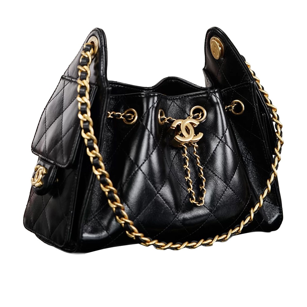Chanel 25 Mini Bucket Hobo Shoulder Bag Black Shiny Calfskin Leather - view 3
