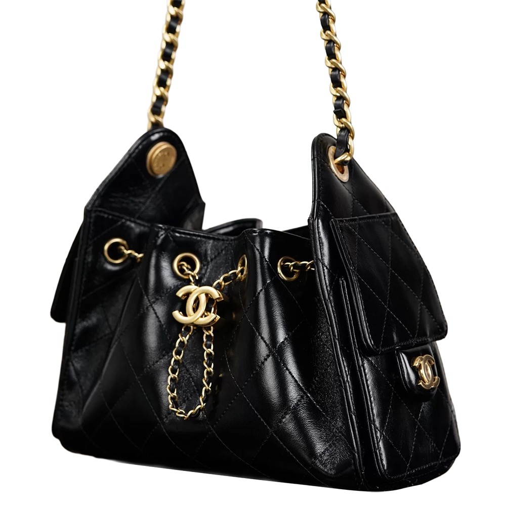 Chanel 25 Mini Bucket Hobo Shoulder Bag Black Shiny Calfskin Leather - view 4