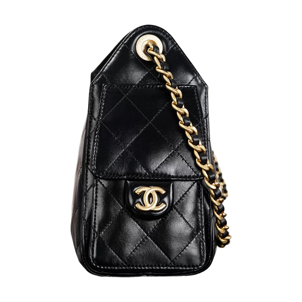 Chanel 25 Mini Bucket Hobo Shoulder Bag Black Shiny Calfskin Leather - view 5
