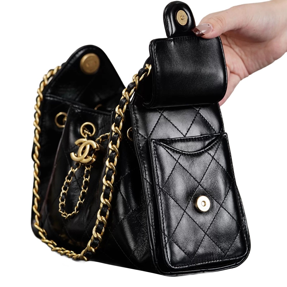 Chanel 25 Mini Bucket Hobo Shoulder Bag Black Shiny Calfskin Leather - view 6
