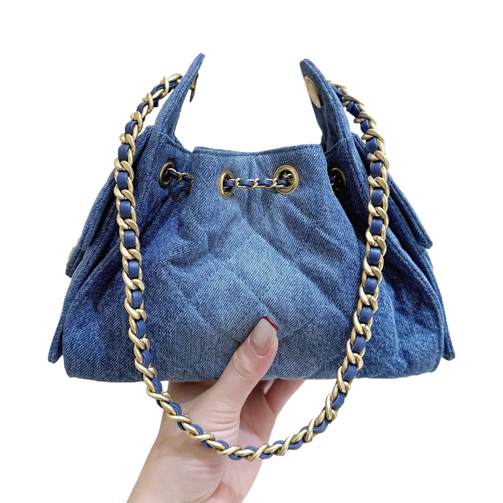Chanel 25 Mini Bucket Hobo Shoulder Bag Denim Blue Fabric GHW - view 7