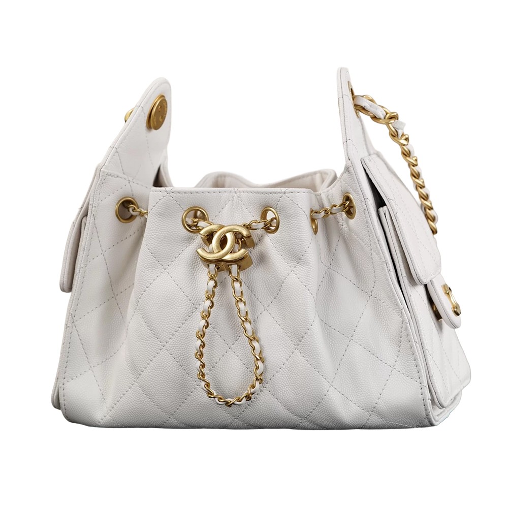 Chanel 25 Mini Bucket Hobo Shoulder Bag White Grained Calfskin Leather - view 1