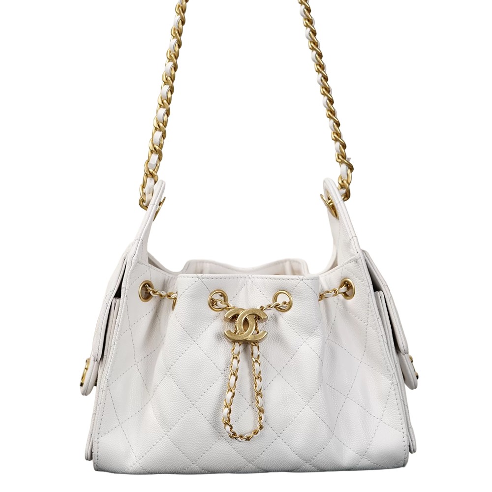 Chanel 25 Mini Bucket Hobo Shoulder Bag White Grained Calfskin Leather - view 2