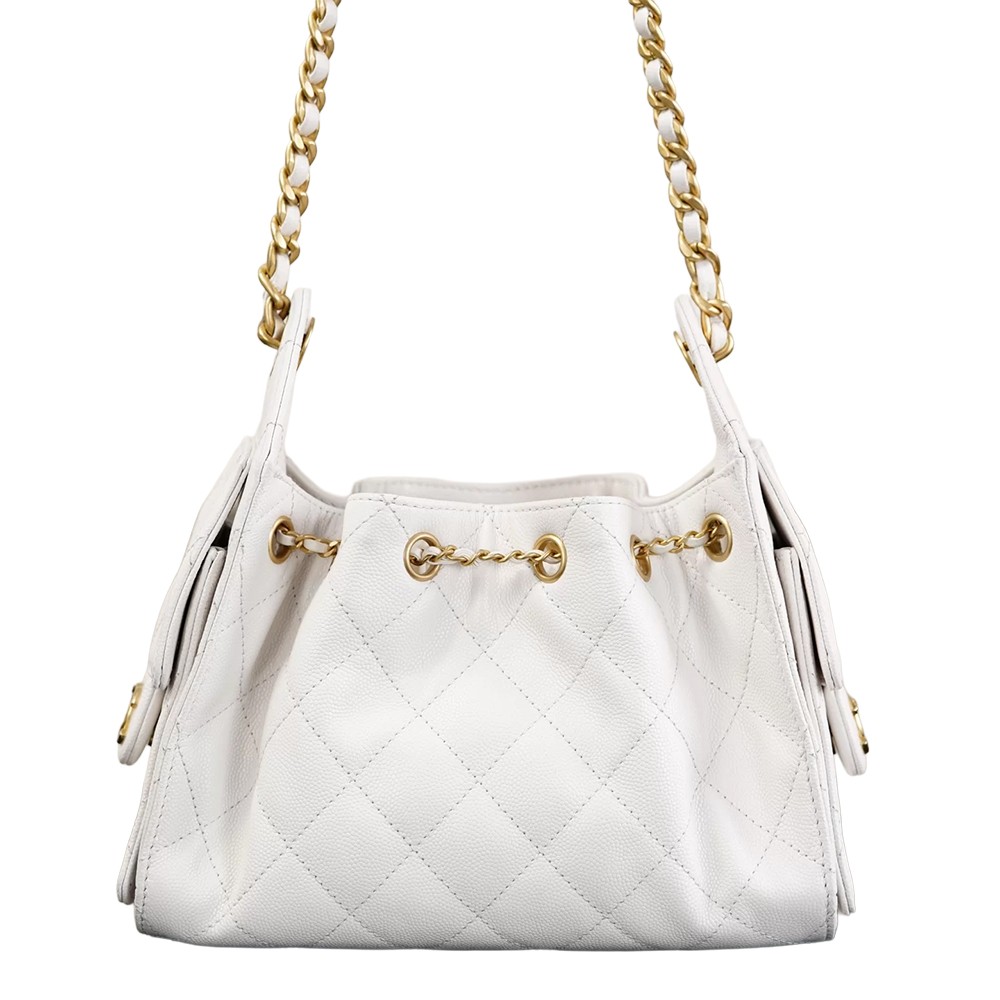 Chanel 25 Mini Bucket Hobo Shoulder Bag White Grained Calfskin Leather - view 3