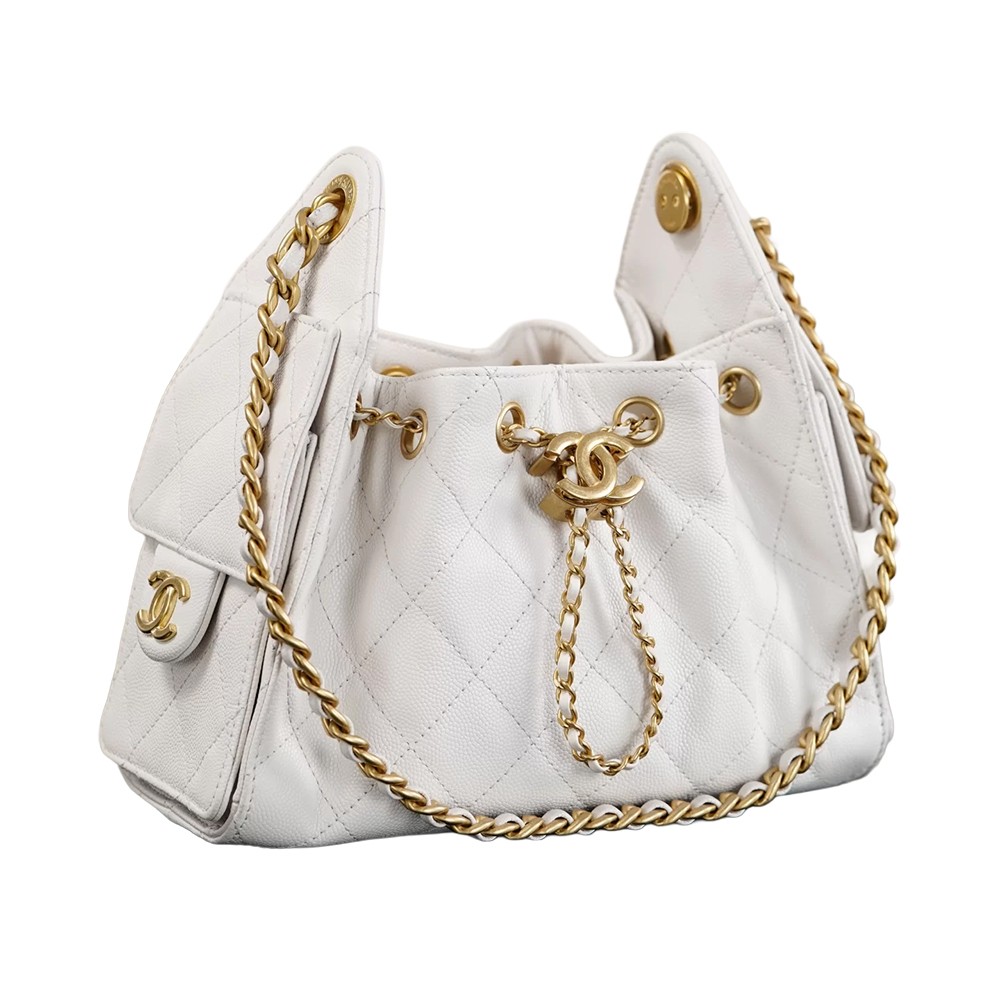 Chanel 25 Mini Bucket Hobo Shoulder Bag White Grained Calfskin Leather - view 4