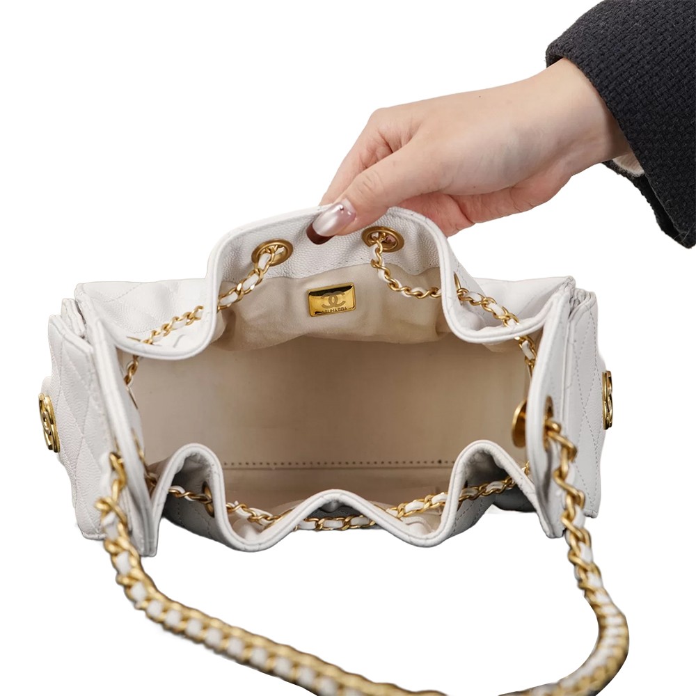 Chanel 25 Mini Bucket Hobo Shoulder Bag White Grained Calfskin Leather - view 7