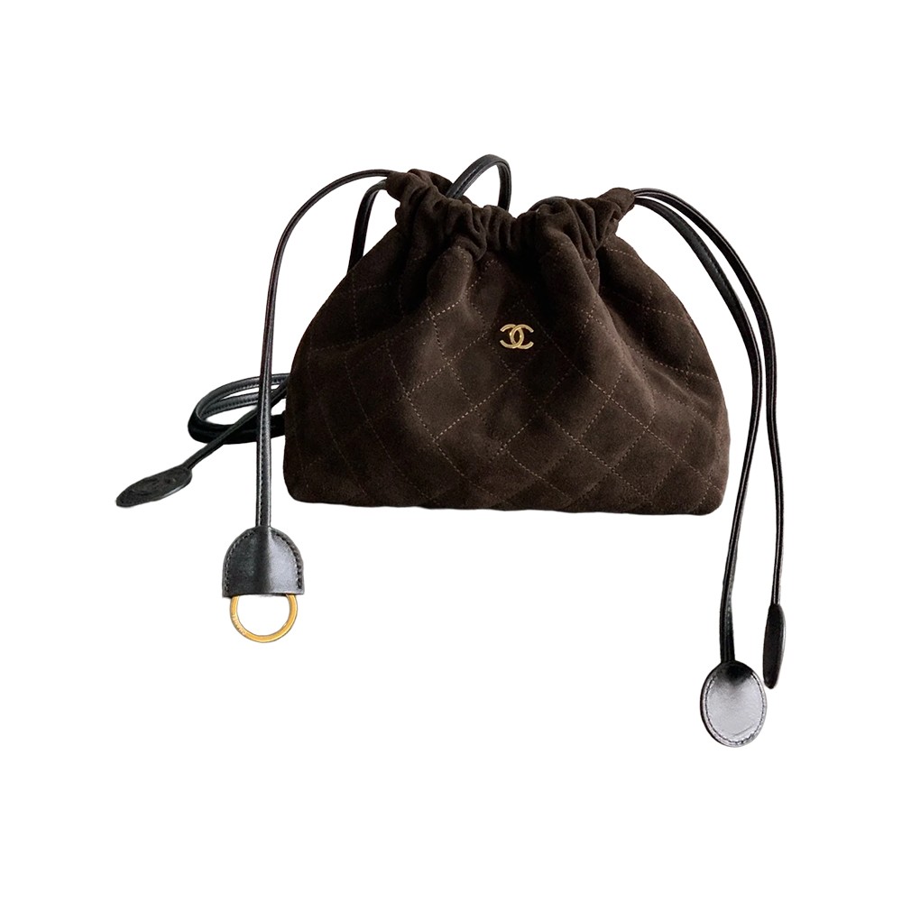 Chanel Drawstring Clutch Bag with Strap Brown Suede Leather GHW - view 1