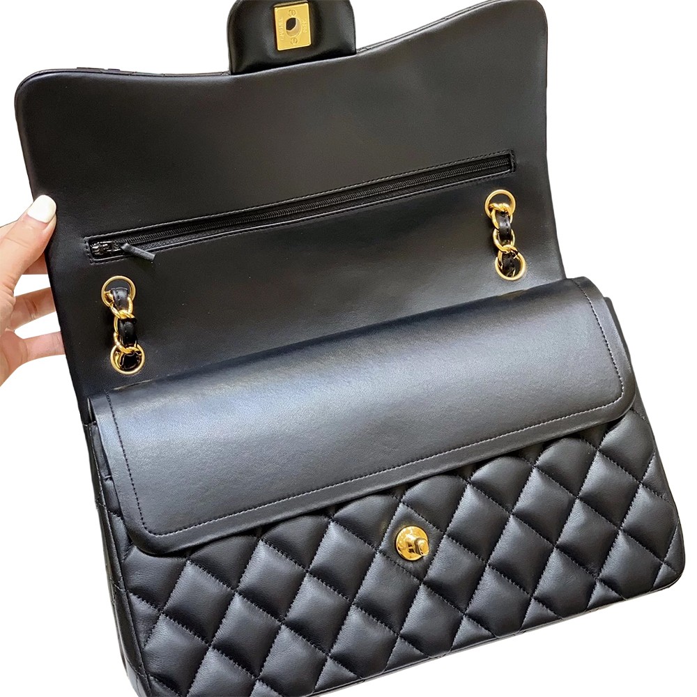 Chanel Vintage Jumbo Double Flap Shoulder Bag Black Quilted Lambskin Leather GHW - view 5