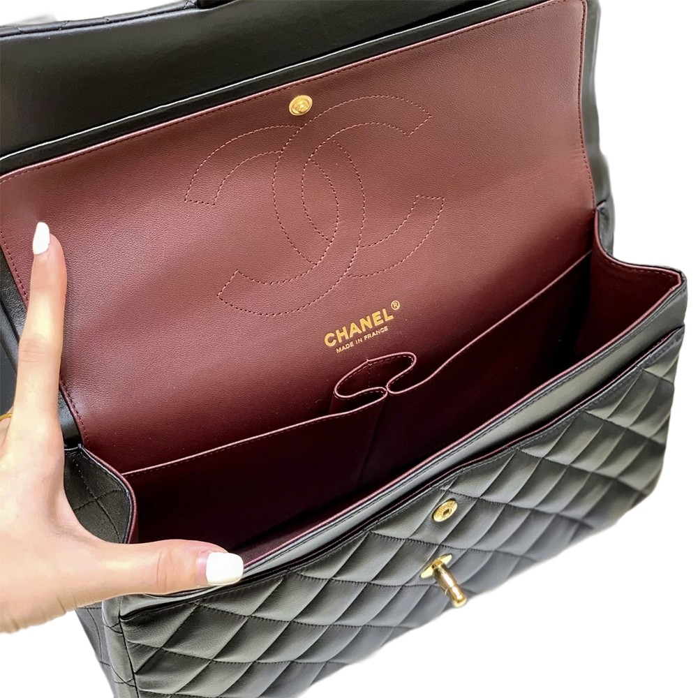 Chanel Vintage Jumbo Double Flap Shoulder Bag Black Quilted Lambskin Leather GHW - view 6
